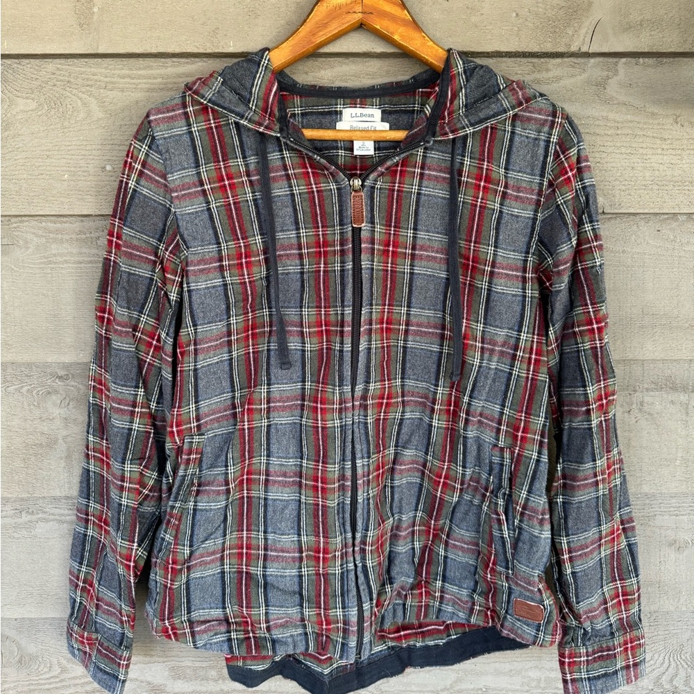 L.L. Bean Relaxed Fit Scotch Plaid Flannel Hooded Zip-Up Shirt (S)